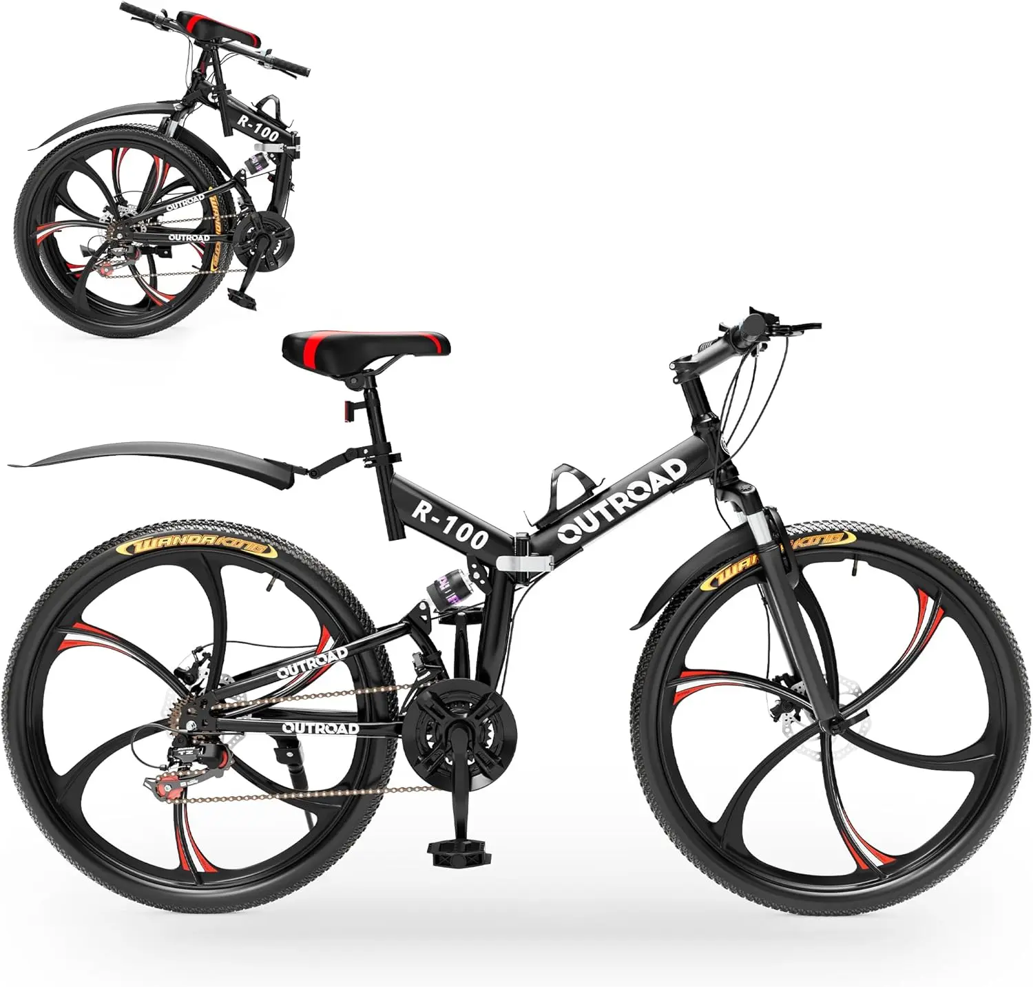 Outroad 26-Inch Unisex Folding Mountain Bike - 21 Speed, High-Carbon Steel Compact Foldable Frame, Full Suspension, Dual Disc Brake Stop Cycling Bike for Adults, Black/Orange/Green