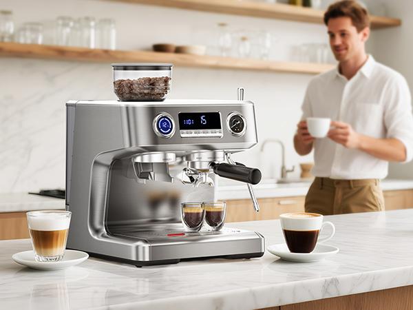 COWSAR Espresso Machine, 58mm professional brewing system, dual boiler system, PID intelligent temperature control, integrated conical burr grinding system, espresso machine with 58mm stainless steel funnel