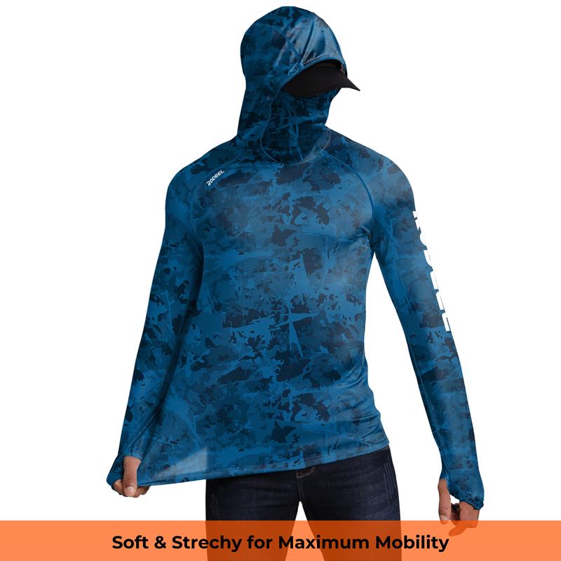 【RODEEL】934 RIIIPO Sun Hoodie Shirts w/ UV Detection Mask Neck Gaiter Thumbhole Men UPF 100+ Sun Protection Long Sleeve Lightweight Quick Dry Moisture Wicking Breathable Cooling Athletic Activewear for Outdoor Sports Fishing Construction, Holiday Gift