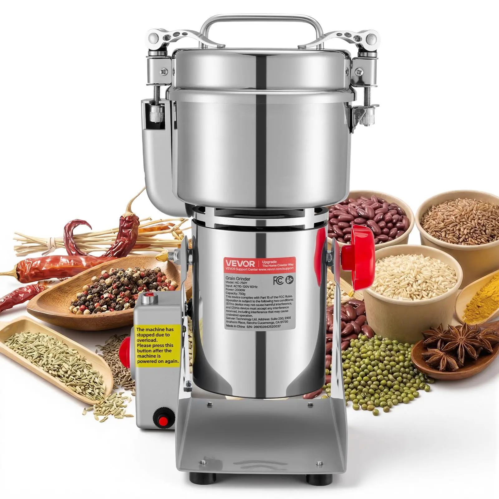 VEVOR 750g 2000W 28000RPM High-Speed Electric Grain Mill Grinder, Stainless Steel Pulverizer with 270° Swing Type, Overload Safe Metal Stand Mixer Accessory with Adjustable Fineness & Brush for Dried Grains, Coffee Beans