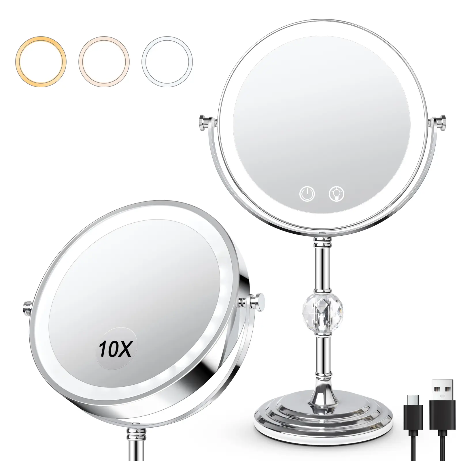 Stainless Steel Metal Plain Round Lighted Vanity Mirror - Handheld/Standing, 4000 mAh Rechargeable, Adjustable Brightness, 3-Color Lighting, 360° Rotating, Double-Sided 1x/10x Magnifying, Memory Function, Ideal Gift for Women, Home Decor, Room Decor, Dimm