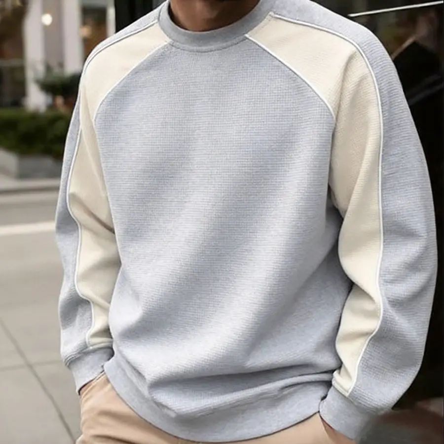 Men’s color-block contrast sweatshirt — new autumn Loose Fit sports top, casual base layer, trendy brand crewneck sweatshirt; men’s spring patchwork loose long-sleeve sweatshirt with a structured design; comfortable, breathable fabric suitable for all occ