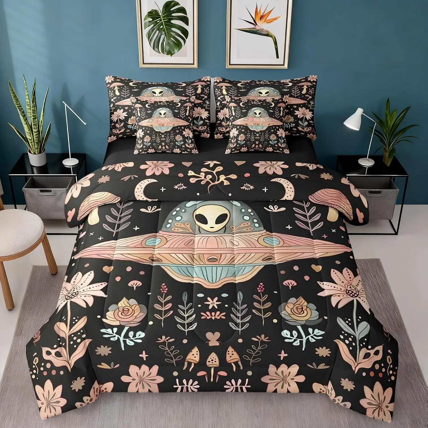 Feelyou 7-Piece Breathable Alien Black Bedding Set - Space Themed Bedroom Multi-Size Bed-in-a-Bag with Sheets, Pink Mushroom Botanical Flowers Plants, Pillow Covers