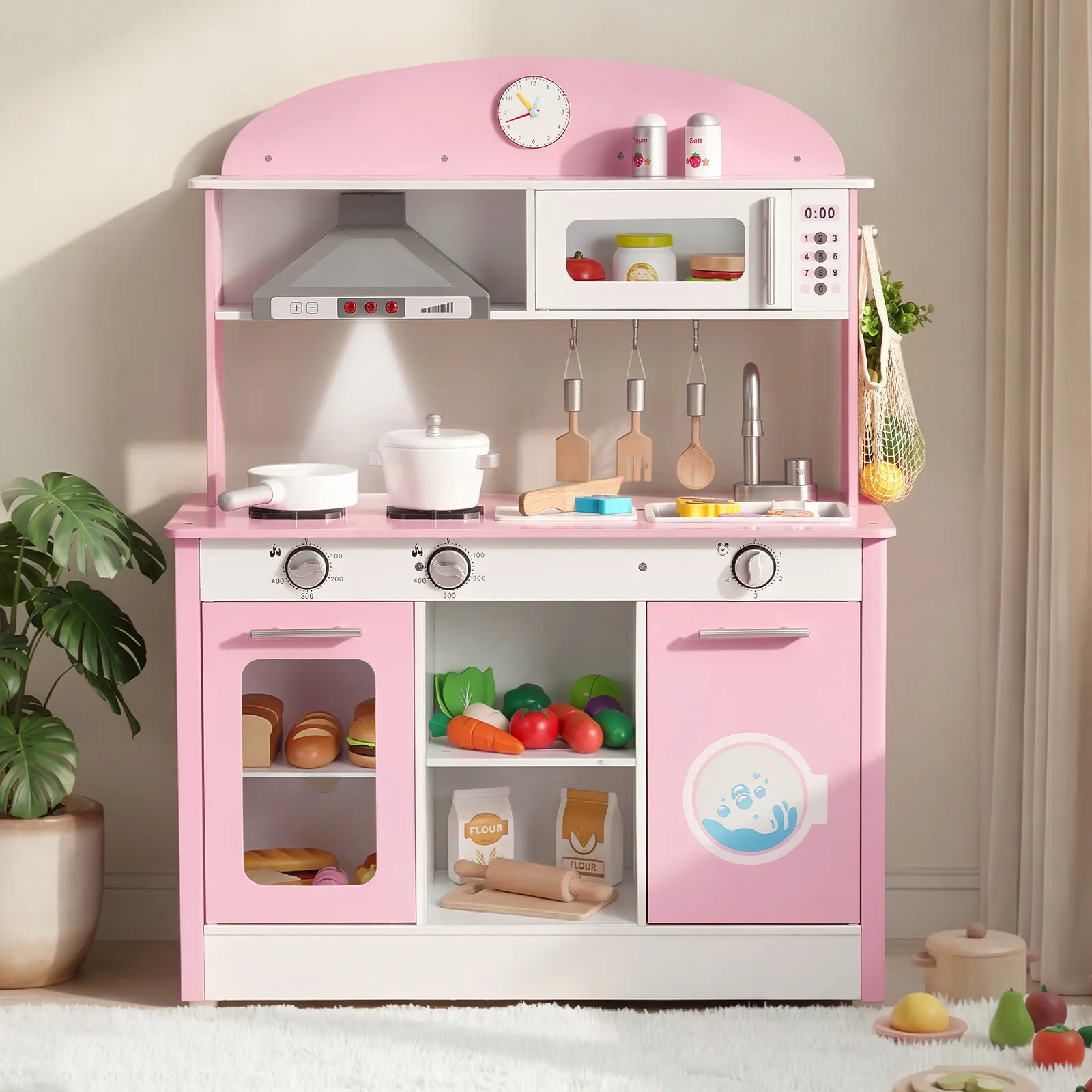 【SummerFinds】VEVOR Pink Wooden Kids Play Kitchen Girl Toy, Pretend Play Set with Real Lights, Sounds, Food, Cookware, Microwave, Oven, Clicking Knobs, Child-Safe for Toddlers Ages 3-8, Toddler Gifts, Little Gifts For Girls, Cool Gifts For Kids