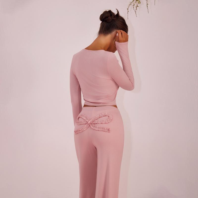 Joyfunear Solid Color Knitted Long-Sleeved Round Neck Top & Casual Straight-Leg Pants Set with Bow Decoration for Daily Wear