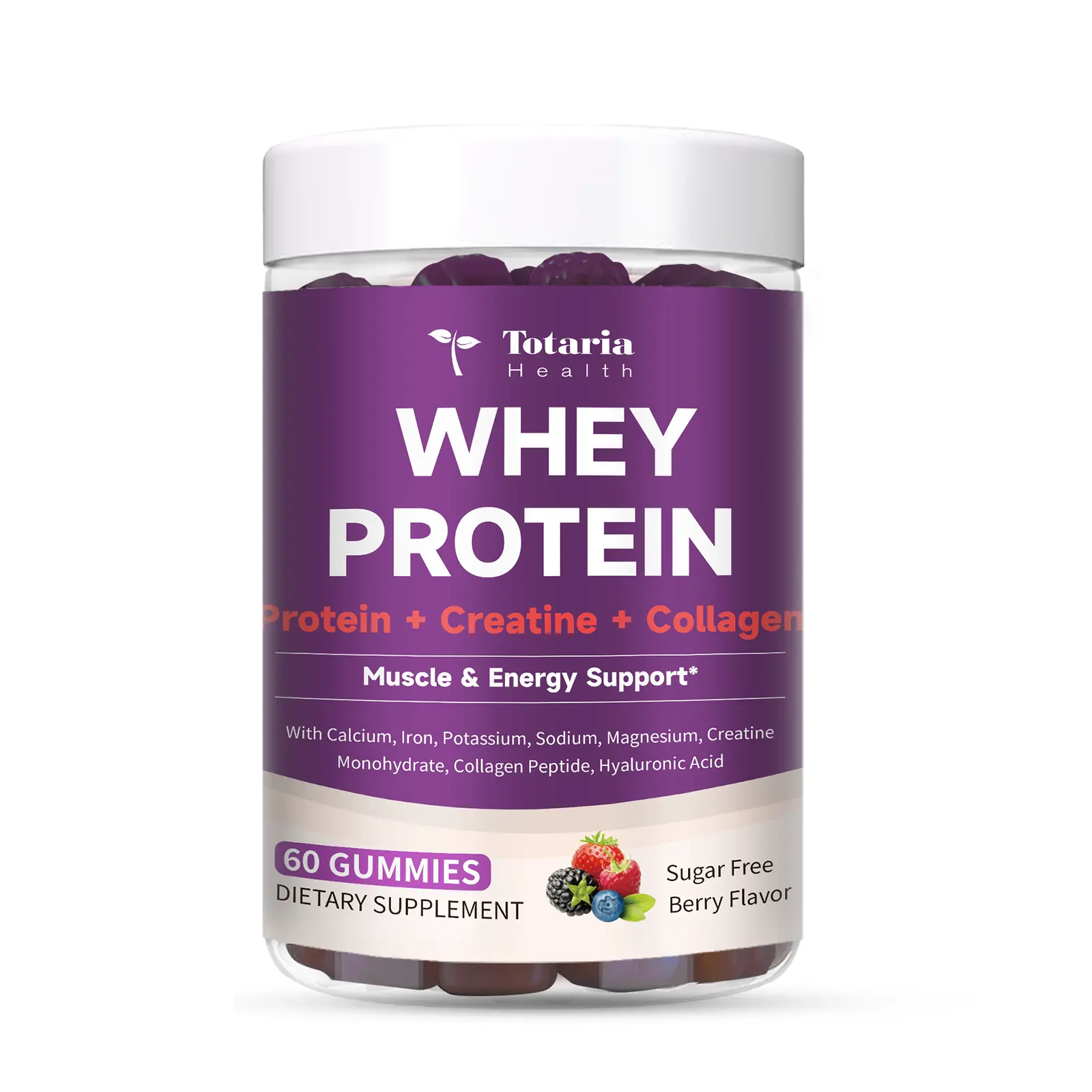 Totaria 3 in 1 Whey Protein Gummies | Creatine Monohydrate | Collagen, Sugar free, High-Quality Protein, Muscle & Energy Support, Berry Flavor, for Women and Men Supplement Nutrient Rich Complex Fitness