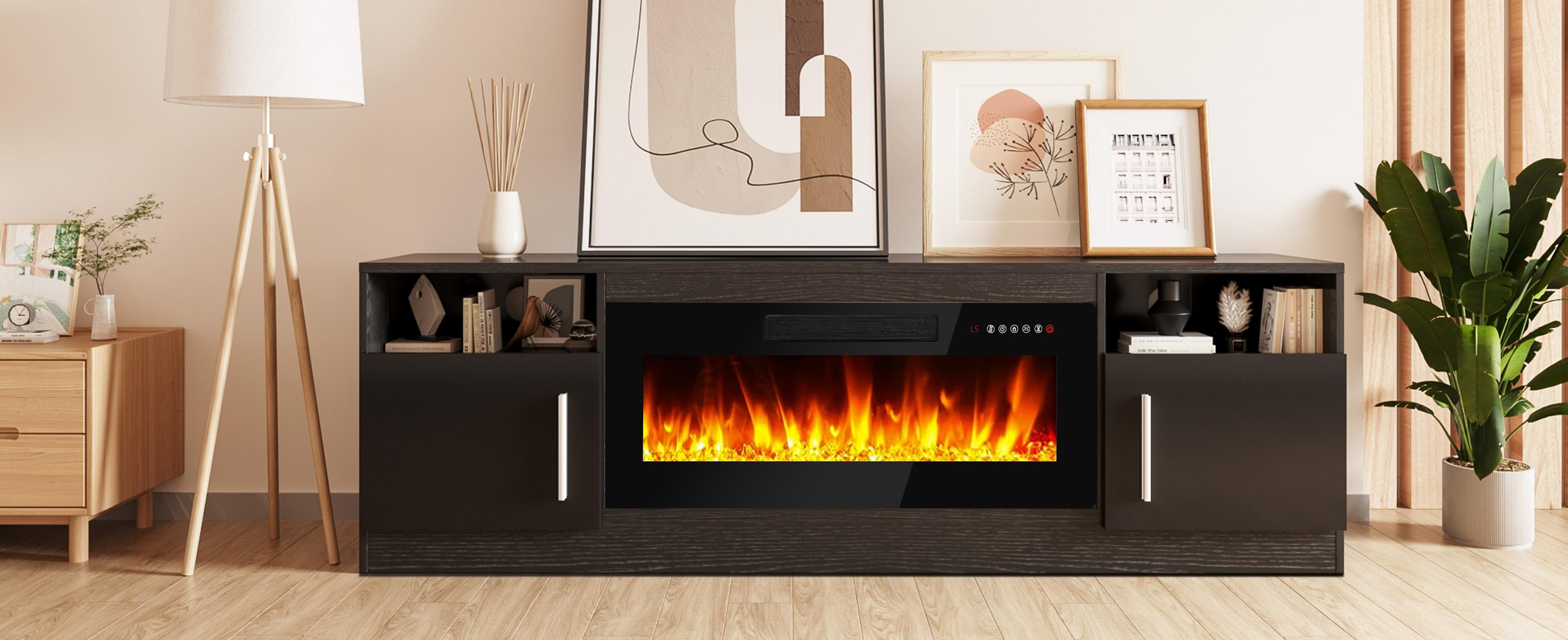 【2 Packages Shipping】Fireplace TV Stand Entertainment Center with Fireplace, Wooden TV Stand for TVs Up to 80",Media TV Console with High Gloss Storage Cabinet and 16 Colors LED Lights