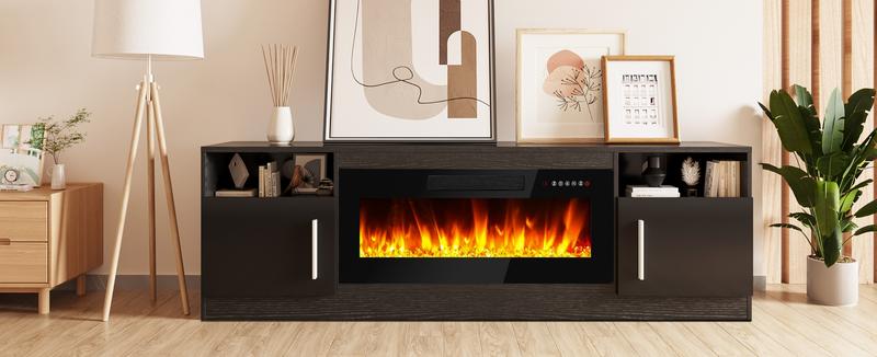 【2 Packages Shipping】Fireplace TV Stand Entertainment Center with Fireplace, Wooden TV Stand for TVs Up to 80",Media TV Console with High Gloss Storage Cabinet and 16 Colors LED Lights