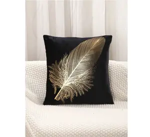 2 Pcs Metallic Gold Feather Print Cushion Cover Without Filler, Modern Throw Pillow Case For Sofa, Home Decor