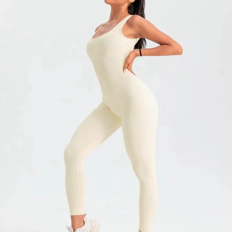 Women's Solid Backless Scoop Neck Ribbed Tank Jumpsuit Casual Comfy Sleeveless Jumpsuit for Yoga Gym Workout Stretchable Activewear in Cream Color active
