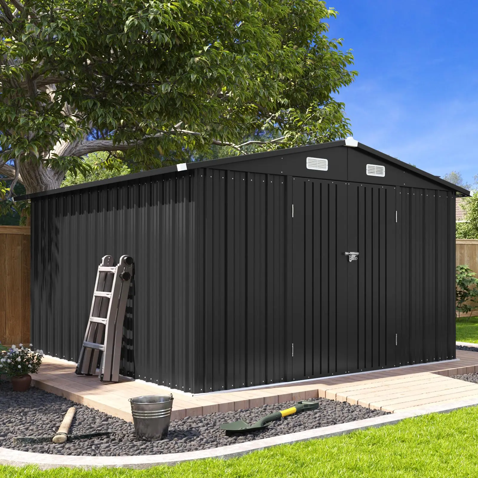 Aoxun(6x4/10x8/10x12/6x8/FT) Heavy-Duty Metal Garden Shed, Large Outdoor Enclosure Garden Building with Lockable Door, Sloping Roof, Water Resistance, Adjustable Interior & Space-Saving Design for Patio, Lawn, Enclosure Garden Buildings;Outdoor shed