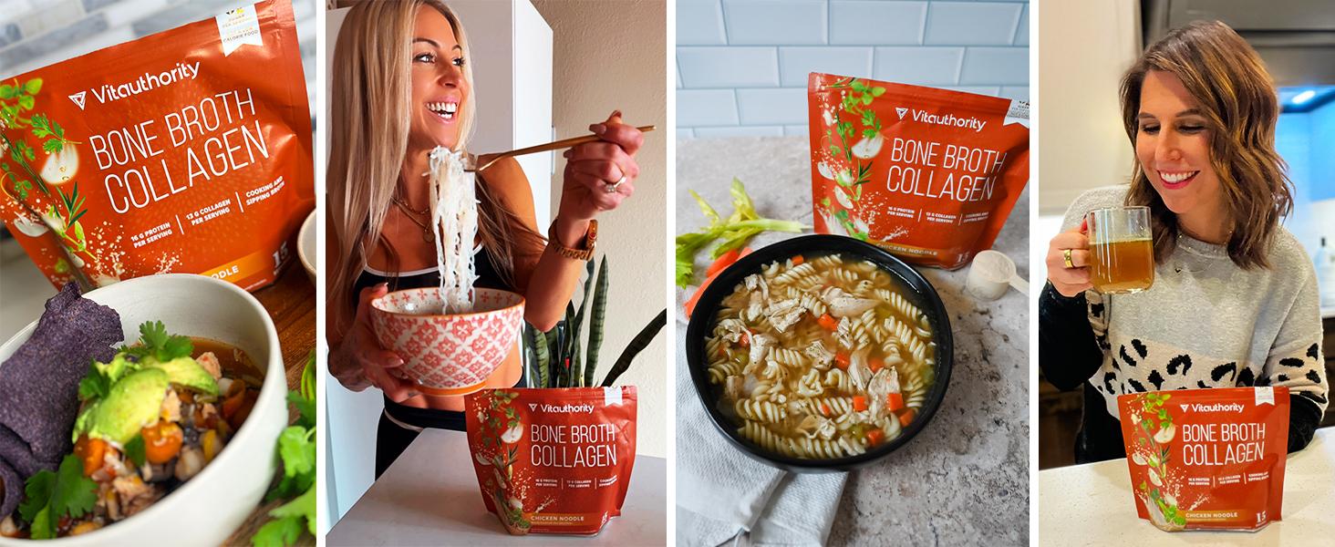 Vitauthority Bone Broth Collagen Supplement Delicious Chicken and Herb Flavored - 16g Protein & Types I II III - Nourishes Skin Hair Nails Joints Gut - Easy Preparation High Performance - 15 Servings - Fitness