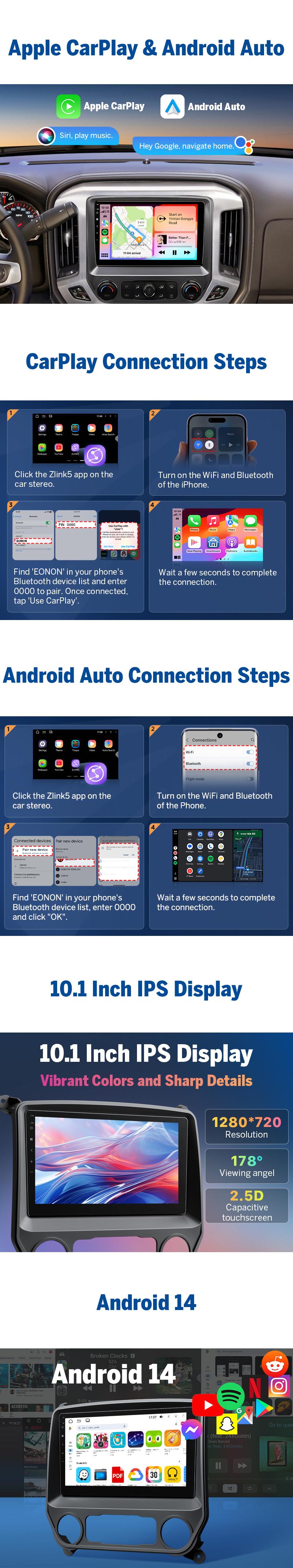 EONON Car Stereo for Chevy Silverado GMC Sierra 2014-2018, Wireless CarPlay & Android Auto Car Radio Touch Screen, 10.1" Android 13/14 Car head unit, SWC, Sub, BT, Backup Camera - GMSX7A / GMSX6S2