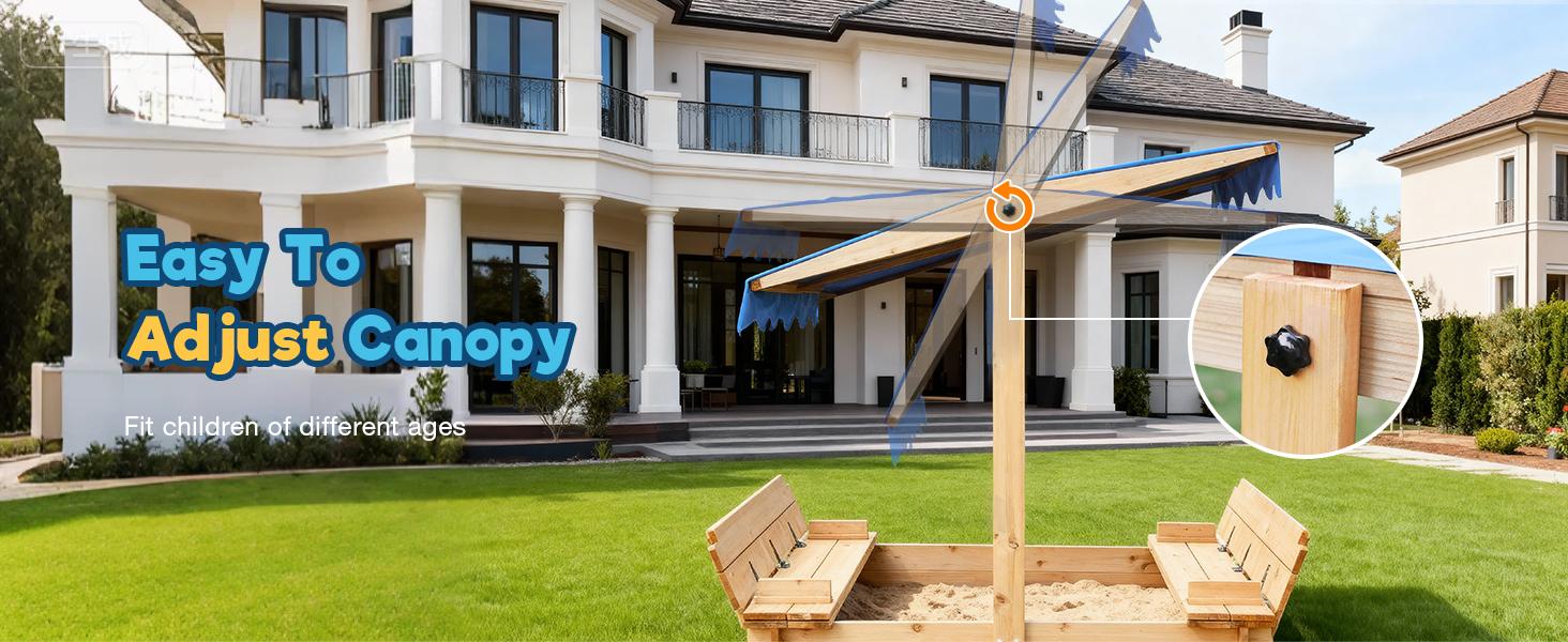 FUNTOK 48''x48'' Kids Sandbox with Lid, Wooden Sand Box with Foldable Bench Seats, Rotatable Canopy, UV-Protection, 300 Lbs Weight Capacity, for Backyard, Patio, Outdoor Play