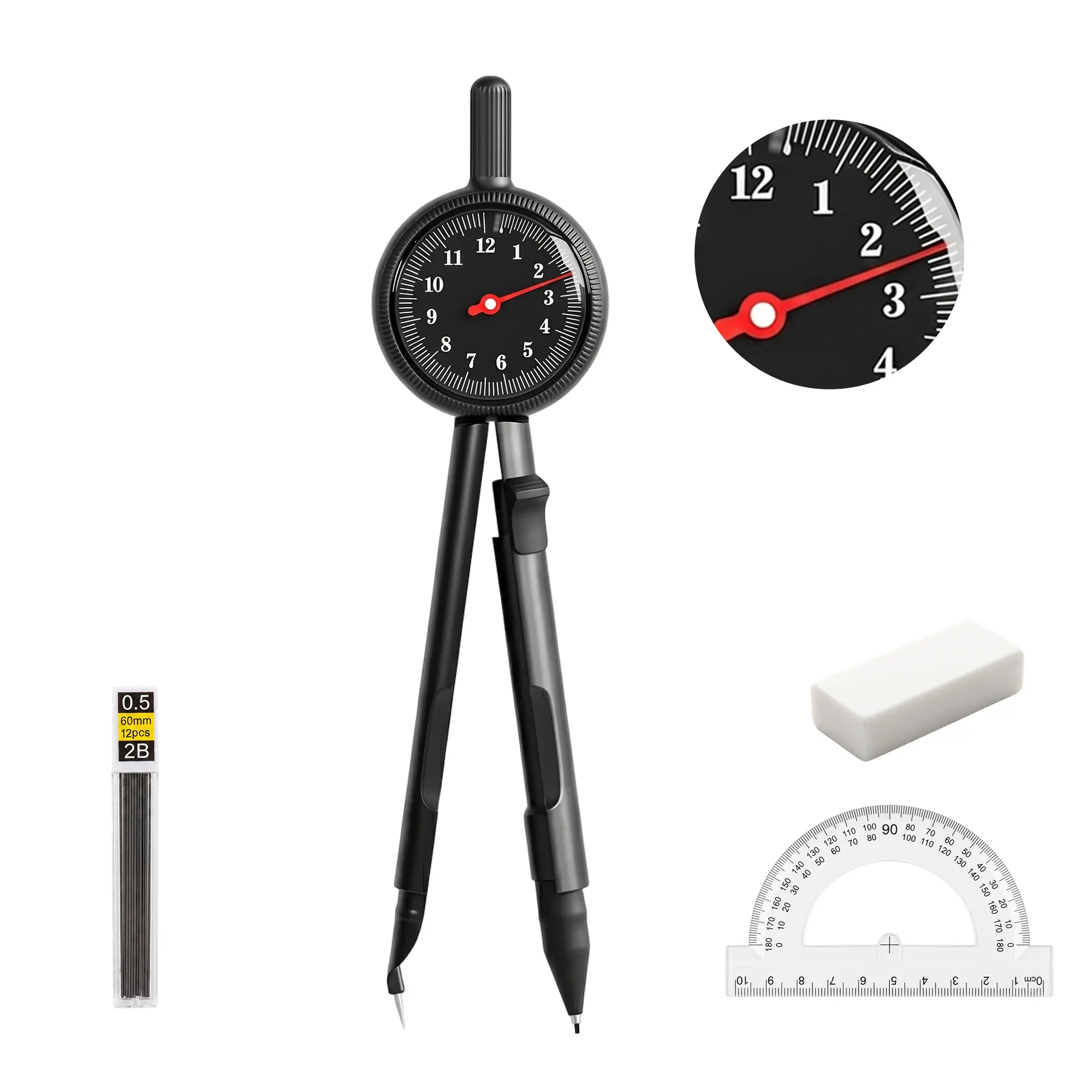 Leven Precision Geometry Compass & Protractor Set - Back to School Haul Math Drafting Tool with Lead, Sturdy Tip, Visible Calibrated Dial, Built-in Safety Cap, Automatic Lock, 2mm-120mm Range for School Kids