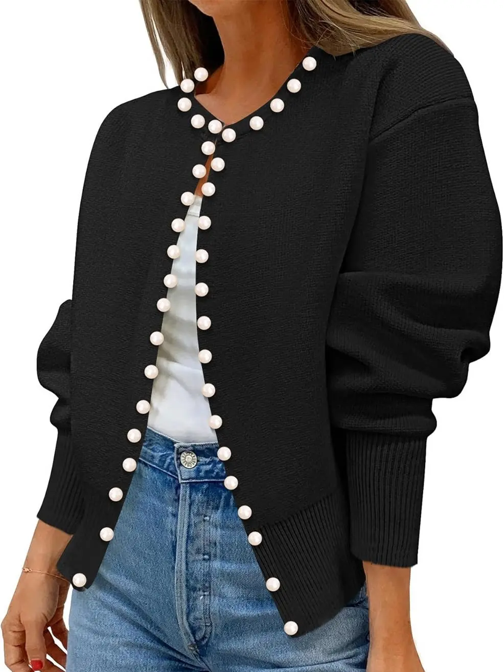 Women's Pearl Sweater, Elegant Longsleeve Crew Neck Knit Top, Casual Pullover Knitwear for Work or Halloween, Pearls