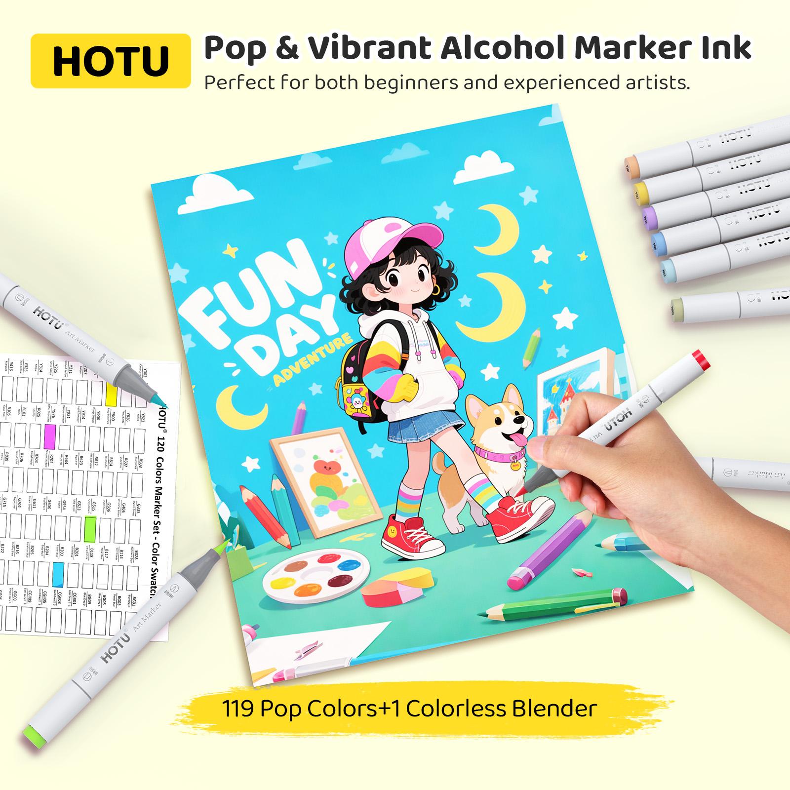 HOTU Dual Tip Alcohol Markers Set – 60/100/120Colors, Fine/Brush & Chisel Tips, Easy Blending, Safe Materials, Colorless Blender, Perfect for Kids & Artists, Sketching, Adult Coloring, Great Gift Idea