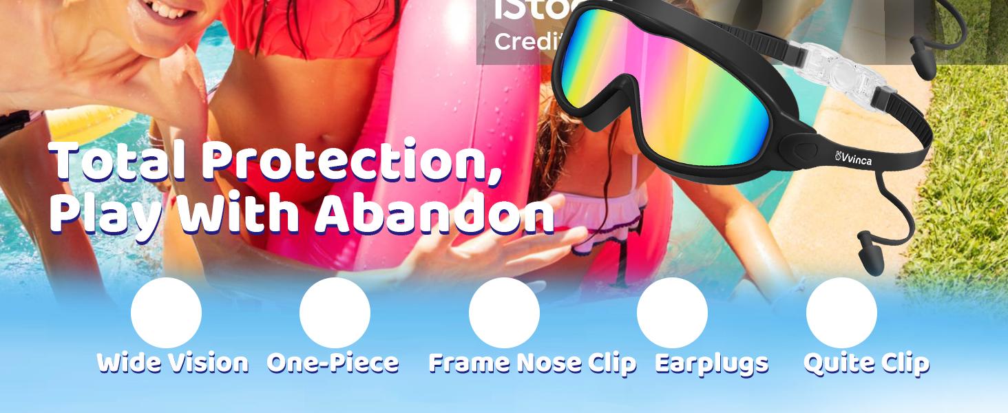 [Spring Shine]Vvinca kids pool accessories-Swim Goggles with Earplugs& Nose Clip Wide View Anti-Fog/UV Swimming Goggles for Age 3-14 Boys Girls Noseclip