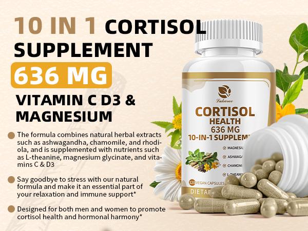 10-in-1 Cortisol Supplements with Magnesium, Ashwagandha, Chamomile, L-Theanine, St. John's Wort, Rhodiola, Vitamin C & D3, for Women Men, 120 Vegan Capsules.