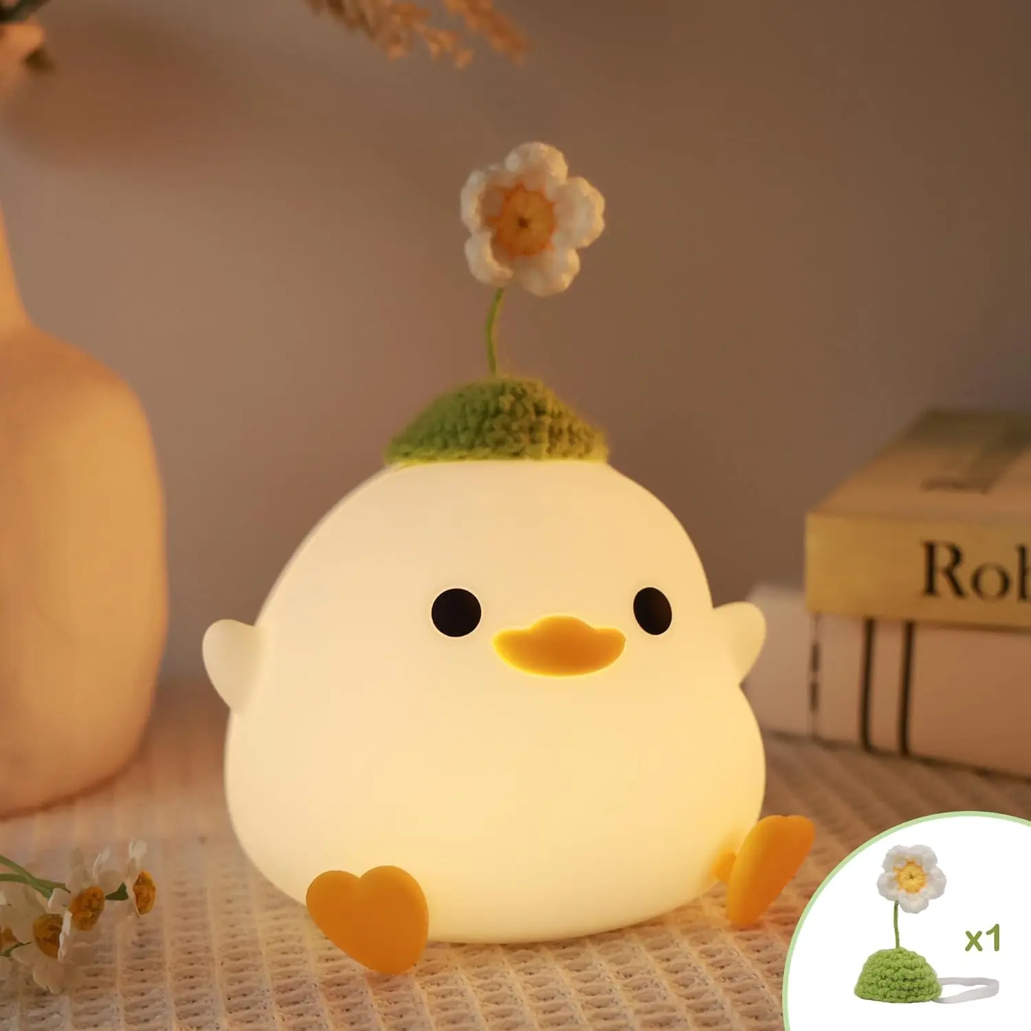 Cute Duck Night Light,  Soft  LED Lamp with Dimmable and Timer, Portable USB Rechargeable Bedroom Bedside Table Decor, Birthday Christmas Gifts for Girl Boy (Flower Hat)