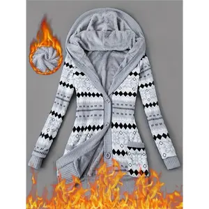 Fashionable Women's Geometric Pattern Knitted Long-sleeved Thickened Jacket, Mid-length Hooded Cardigan With Pockets, Lined With Fleece, Warm And Comfortable, Suitable For Outdoor Wear In Autumn And Winter, Women's Clothing Can be used with a raincoatGift