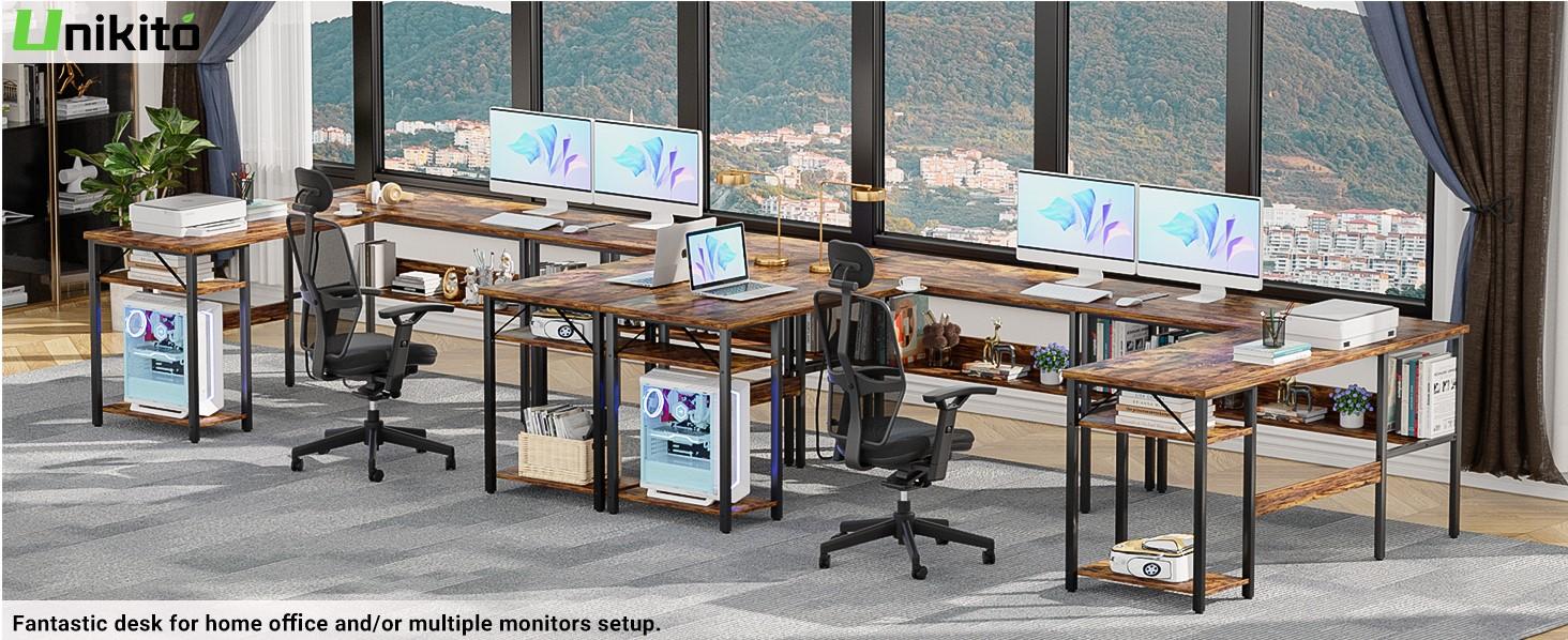 Unikito Reversible L Shaped Desk with Magic Power Outlets and USB Charging Ports, Sturdy Corner Computer Desk with Storage Shelves, Gaming Desk for Home Office, Easy to Assemble, Black Oak
