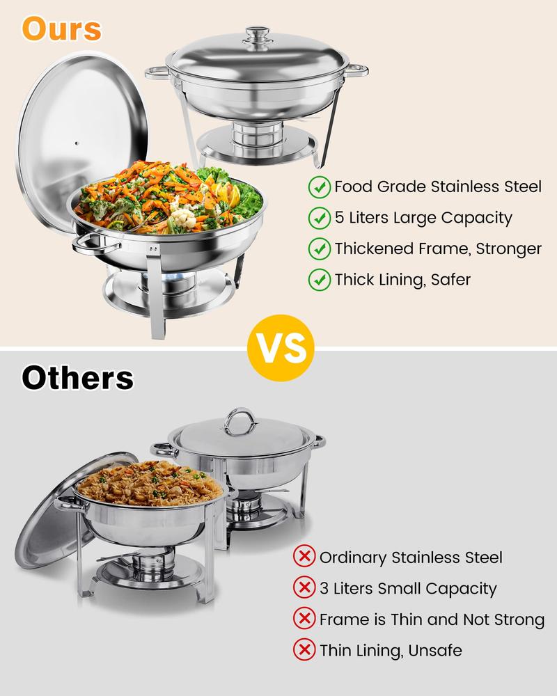 【GARVEE】Professional Stainless Steel Chafing Dish 5QT Round Buffet Server & Warmer Rust Resistant Casserole Cooking Container 2 4 or 6 Pack Options