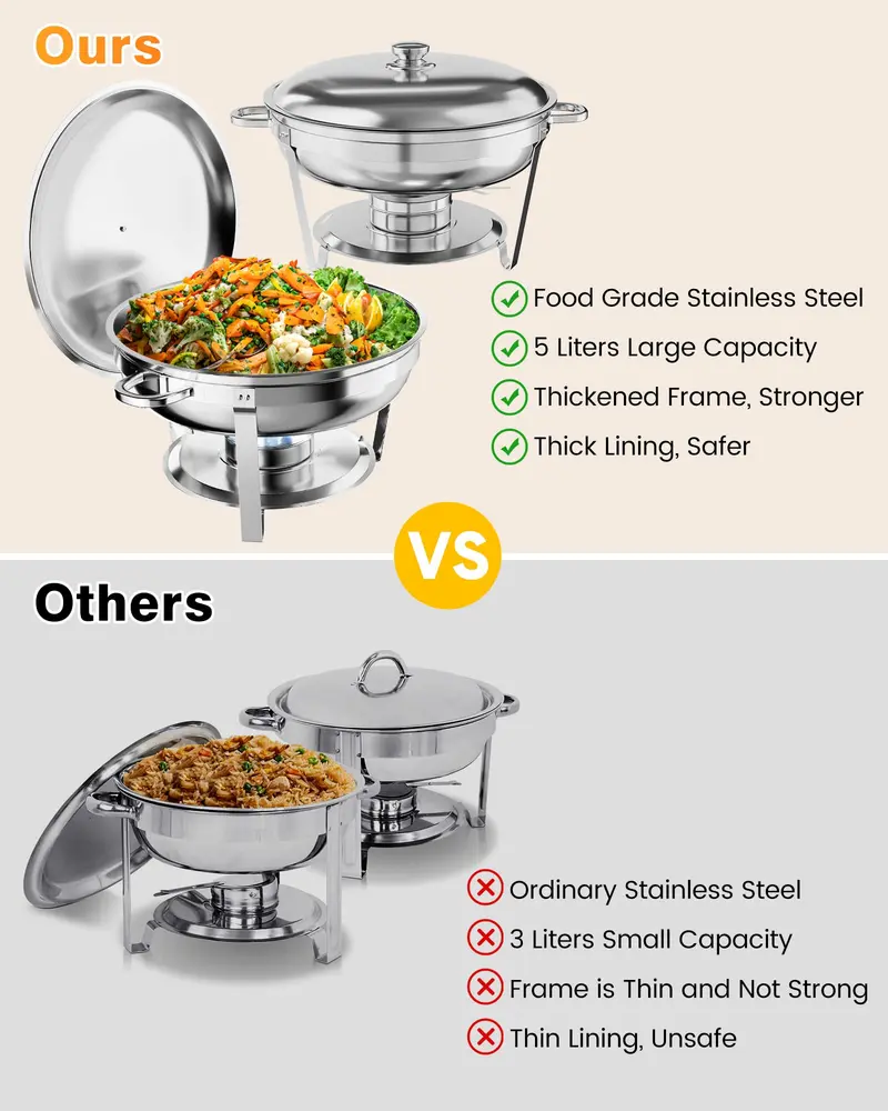 Garvee Round Professional Stainless Steel Chafing Dish 5QT Round Buffet Server & Warmer Rust Resistant Casserole Cooking Container 2 4 or 6 Pack Options
