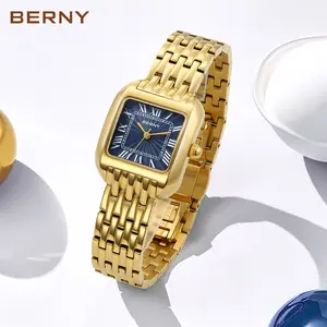 BERNY Vintage Square Gold Watch for Women – Luxury Dainty Elegant Business Dress Watch, Roman Numeral Quartz Wristwatch Adjustable for Small Wrists, Waterproof Stainless Steel Bracelet, Fashion Jewelry Gift for Her, Mother's Day Gift