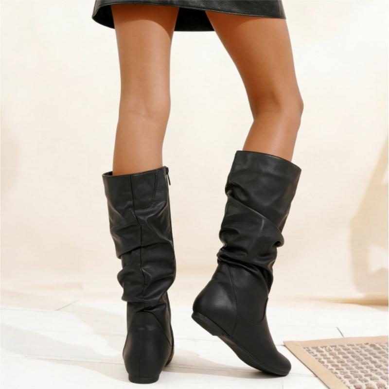 Women's Slouchy Mid Calf Boots Zip up Flat Boots
