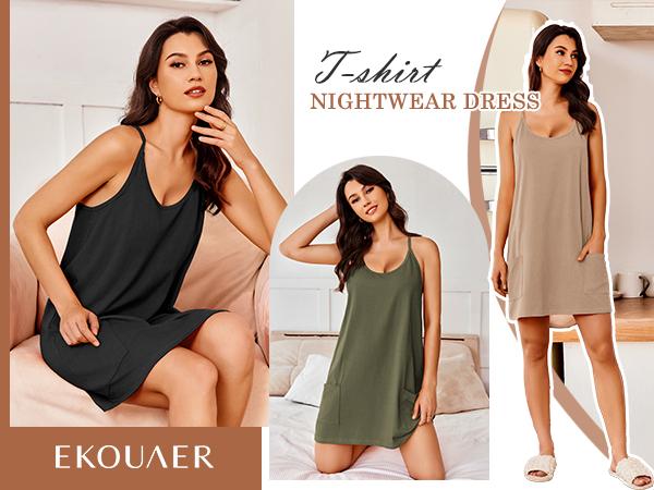 ZEAGOO DealsForYouDays Womens Nightgowns for Women Cotton Sleepwear Adjustable Spaghetti Strap Sleepshirt Racerback Sleep Dress with Pockets S-3XL