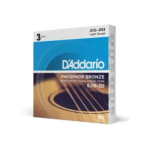 D'Addario EJ16-3D Phosphor Bronze Acoustic Guitar Strings .012-.053 Light Gauge Warm Balanced Tone