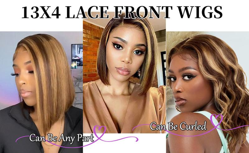 Ombre  Bob Wig Human Hair Highlight P4/27 13x4 HD Lace Frontal Straight Lace Front Bob Wigs for Black Women Human Hair Pre Plucked Pre Plucked with Baby Hair 180% Density Honey Blonde Wig Soft Bouncy No Smell Can Be Dyed Curled Restyled
