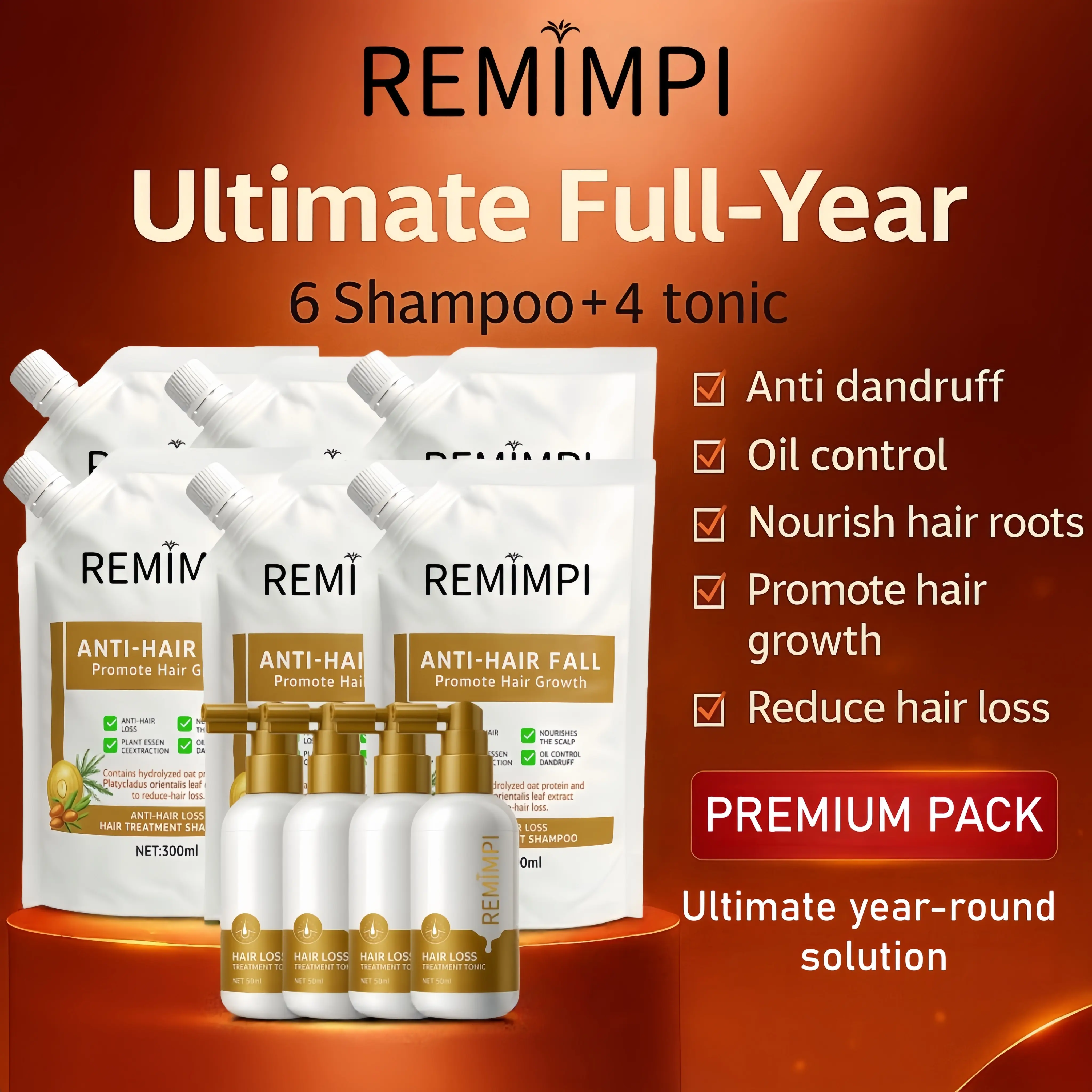 REMIMPI Ultimate Care System – 6 Anti-Hair Fall Shampoos + 4 Hair Growth Tonics | 12-Month Complete Hair Regeneration Program | Herbal Anti-Dandruff, Root Strengthening & Hair Growth Kit (300ml + 50ml),back to school