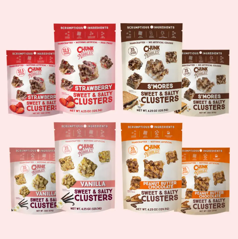 Chunk Nibbles Snack Clusters - Travel size | 8 Pack | 2 oz Bags | 4 Flavors- Peanut Butter Chocolate, Strawberry, S'mores, Vanilla | Sweet & Salty Cluster Bites