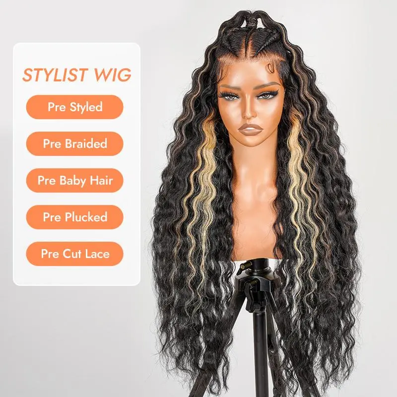 [Summer Essential] Wiggins Hair Pre Braided Highlight Glueless Loose Deep Wave Wig High Ponytail 13x6 Lace Frontal Wigs Human Hair Pre Stylist Wig Ear To Ear Natural Hairline Ready To Go Wig #weeklydeals #DealsForYouDays