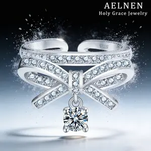 AELNEN S925 Sterling Silver Cubic Ziconia Bowknot Ring For Ladies Adjustable Designed Dainty Jewerly Suitable For Daily Wearing And Party