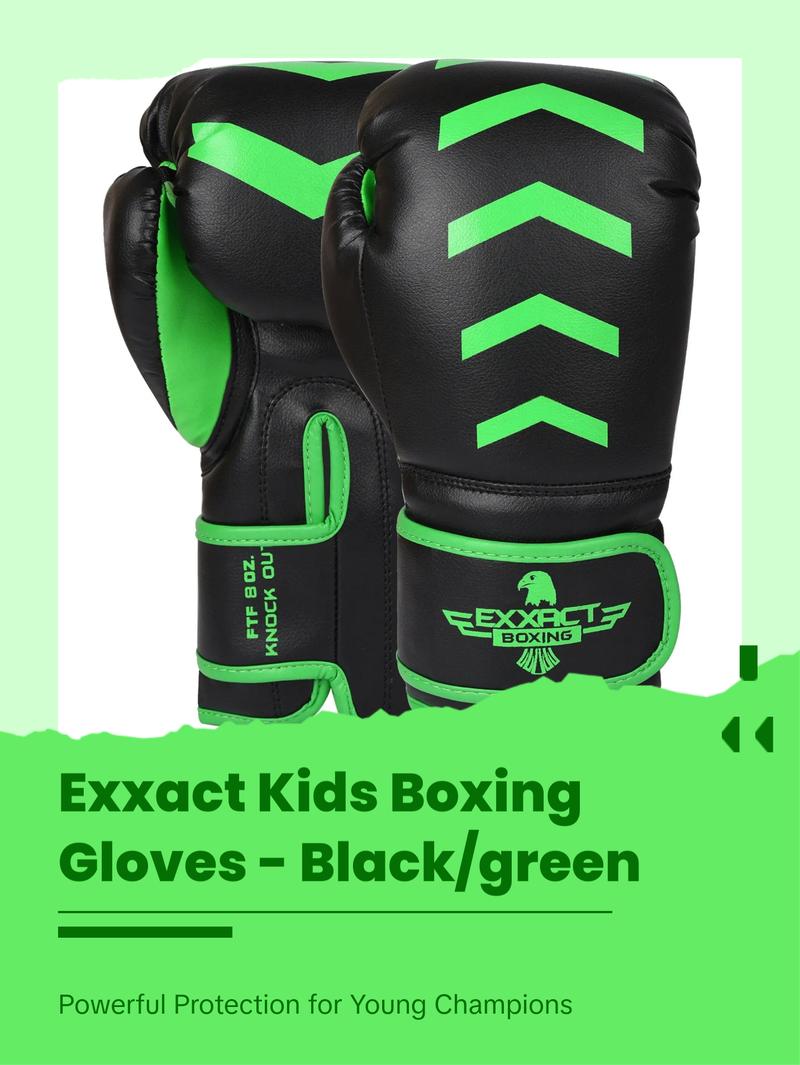 Exxact Sports Knockout Youth Boxing Gloves for Kids (3-15 Years) with Padded Protection and Wrist Support, Durable Engineered Leather Kids Boxing Gloves for Sparring (Black/Green)