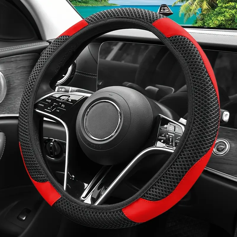 Non-Inner Circle Ice Silk Mesh & Wear-Resist PU Leather Splicing Steering Wheel Cover, Breathable Sweat-Absorbing Anti-Slip Car Interior Decoration, Auto Accessories