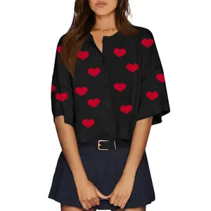 Cicy Bell Women's Half Sleeve Cardigan Sweaters Cropped Button Down Tops Oversized Lightweight Ribbed Knit Summer Outfits Knitted Womenswear Valentine's Day