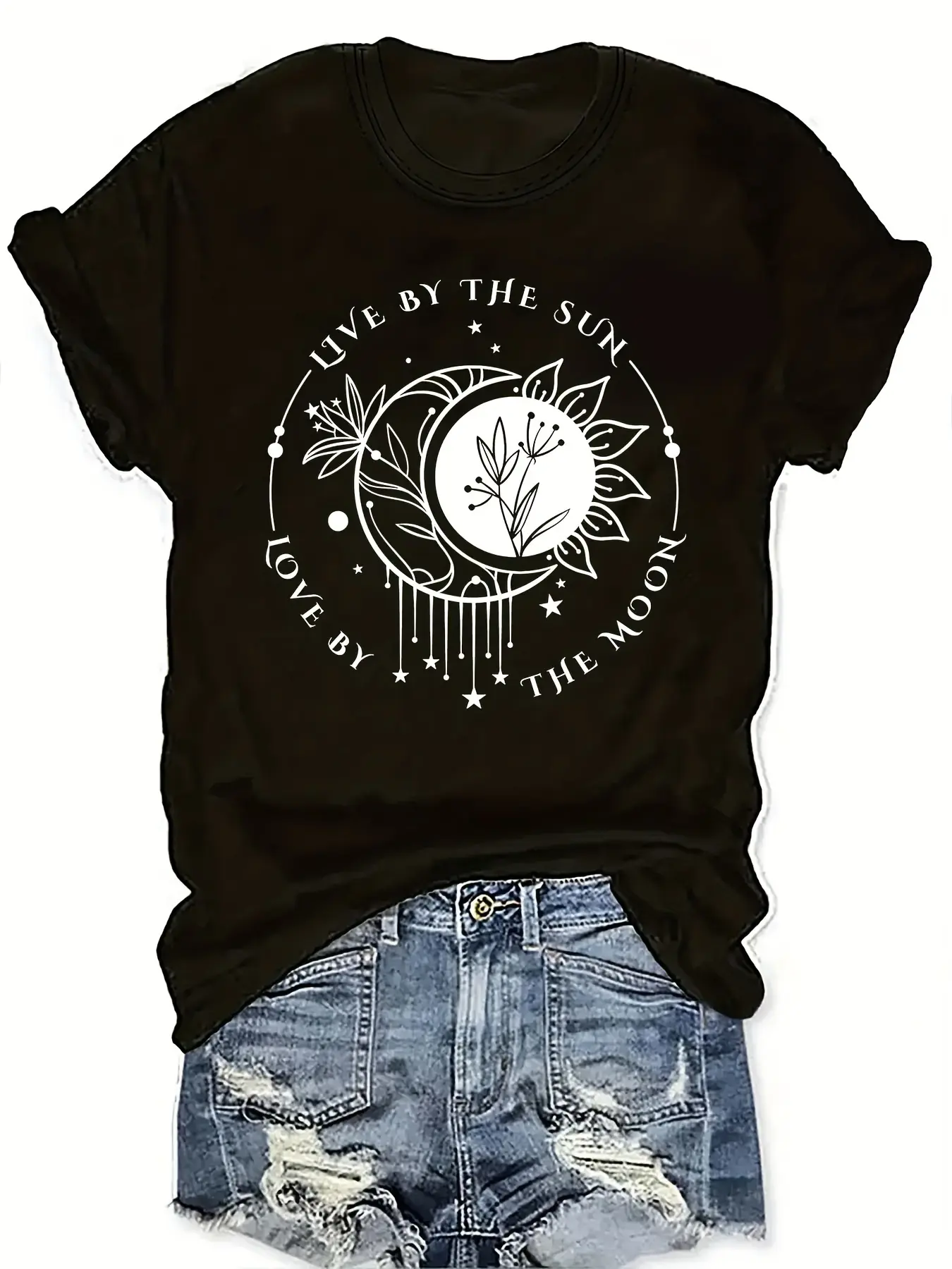 Women's Pure Cotton Regular Short-Sleeve T-Shirt - Love By The Sun & Moon Design, Fits Everyday Casual Wear, Fashionable Romantic Style, All-Season Wear, Shortsleeve, Tshirt, Top, Lady