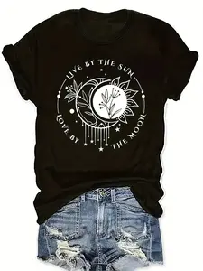Love By The Sun & Moon - Pure cotton regular short sleeve T-shirt, sun and moon elements, suitable for all seasons, romantic and stylish