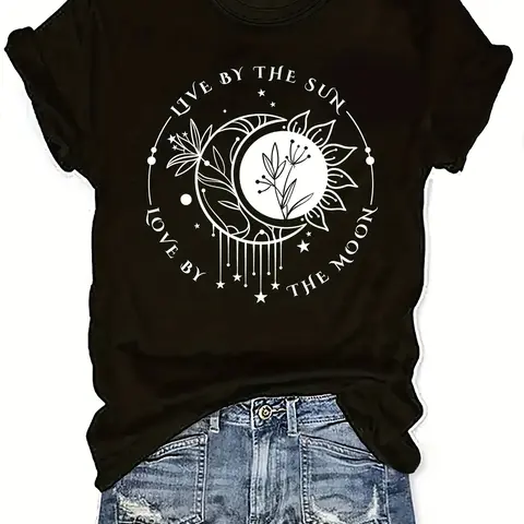 Women's Pure Durable Cotton Regular Short-Sleeve T-Shirt - Love By The Sun & Moon Design, Elegant Round Neck, Fabric Tops For Women, Everyday Casual All-Seasons Wear