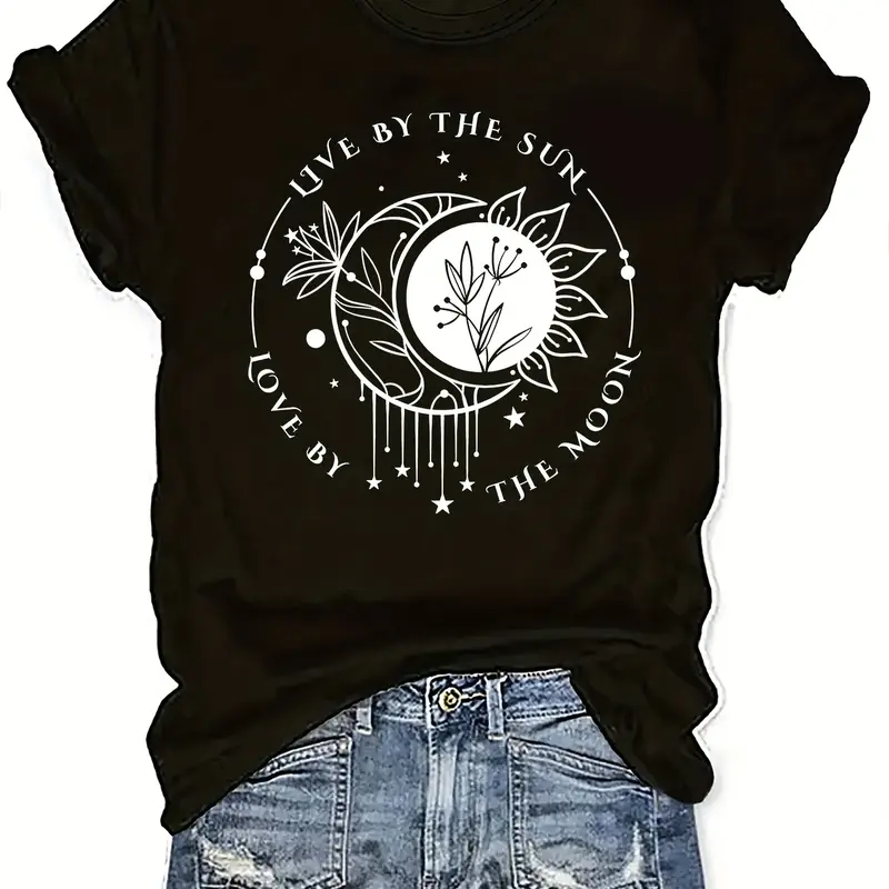 Women's Pure Durable Cotton Regular Short-Sleeve T-Shirt - Love By The Sun & Moon Design, Elegant Round Neck, Fabric Tops For Women, Everyday Casual All-Seasons Wear