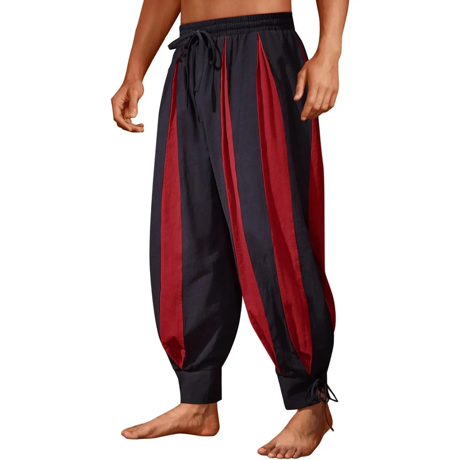 Runcati Mens Cotton Harem Pants - Menswear, Striped Retro Vintage Full Leg Cut, Medieval Pirate Renaissance Viking Costume Bottoms, Harem Men's Pants