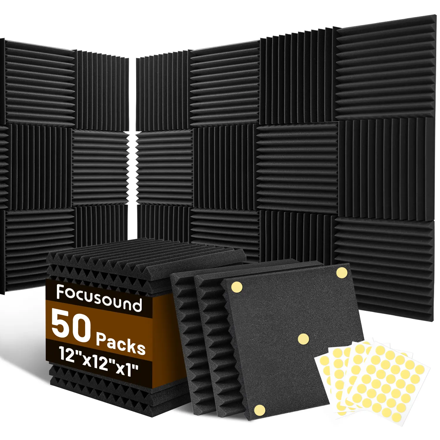 Soundproofing Focusound 12 Grooves 50 Packs Noise Reduction Foam Panels 1" x 12" x 12" with 300PCS Double-Side Adhesive. Noise-Cancelling Foam Panels optimize sound quality for room decoration, ideal for creators, streamers, and gamers. Room Accessories.