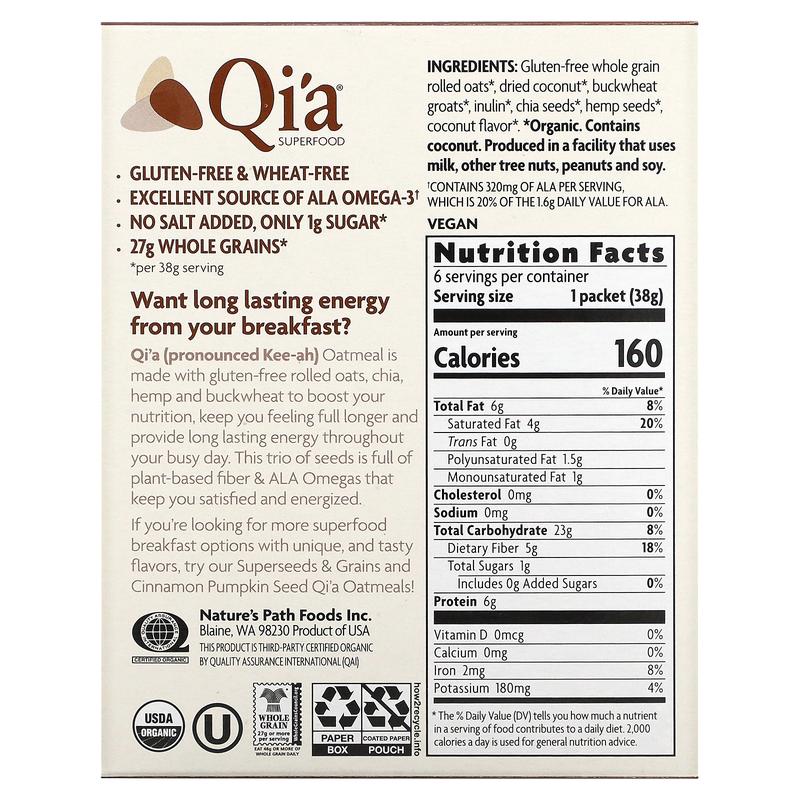 Nature's Path Qi'a Superfood Oatmeal, Creamy Coconut, 6 Packets, 8 oz (228 g)
