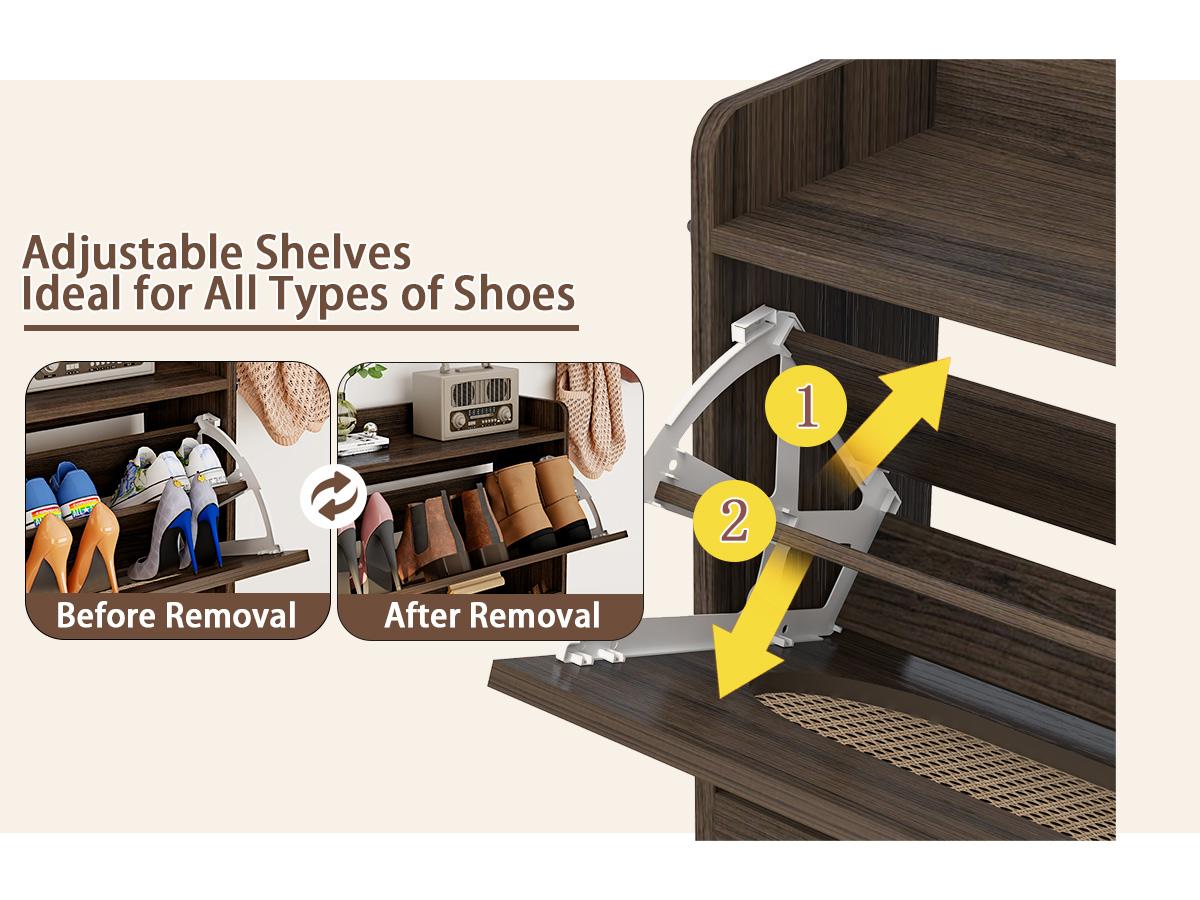 COZPAW Rattan Shoe Cabinet with 2 Flip Drawers, Shoe Storage Cabinet for Entryway, Narrow Shoe Rack Cabinet, Freestanding Hidden Shoe Organizer for Hallway, Living Room