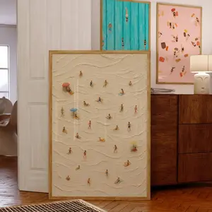 Minimalist Tiny People at the beach Art Print, Aerial beach view Painting, summer wall art, Textured Sand art Poster, Crowed beach Print