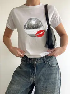 Kiss and Disco Baby Tee, Womens 90s Fit Tee, Concert Outfit, Y2K Clothing, Cool Tops For Her, Retro Mirrorball Party Outfit, Emoji Kiss Top